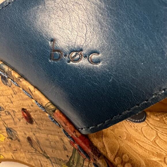 b.o.c. Teal Blue Leather Wedge Slide Sandals Floral Cork Heel Size 9 - Picture 9 of 12